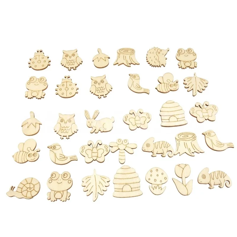 50Pcs Forest Animals Theme Unfinished Wood Craft Owl Rabbit Butterfly Lizard Mushroom Tree Trunk Shape Blank Wooden Cutout