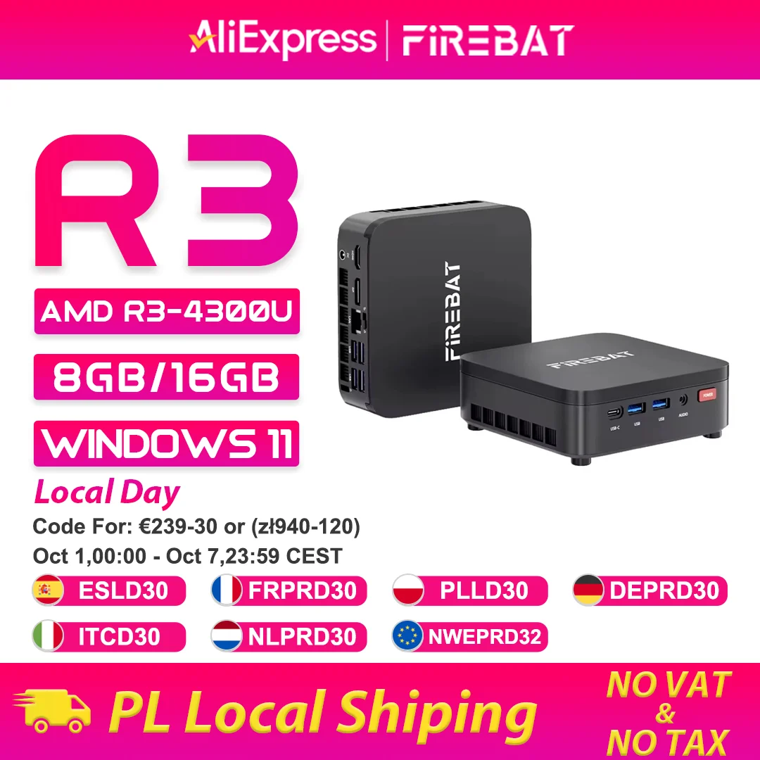 FIREBAT 2026 Mini PC R3 AMD Ryzen 3 4300U LPDDR4 8GB 16GB RAM 256GB 512GB SSD Windows11 Pro Wifi6 BT5.2 Supporto 4K 60Hz Computer Desktop