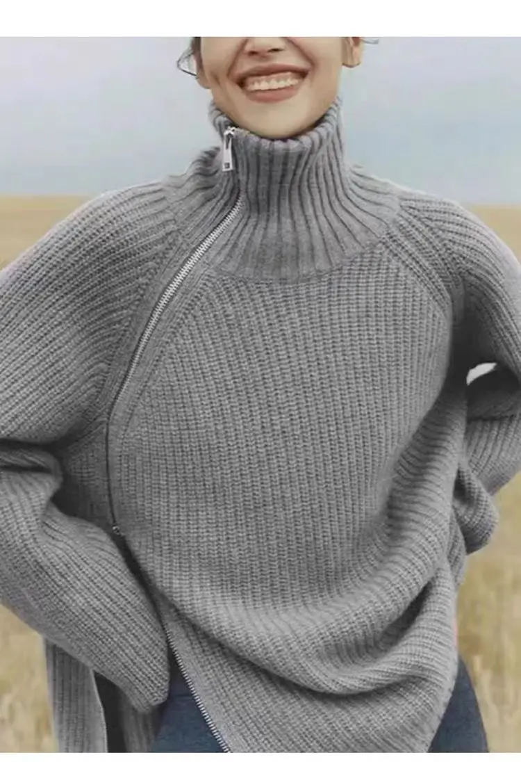 

Women's High-Necked Cashmere Cardigan Inclined Zipper Loose Thick Knitted Sweater Coat for Autumn And Winter Pure Wool Sweater