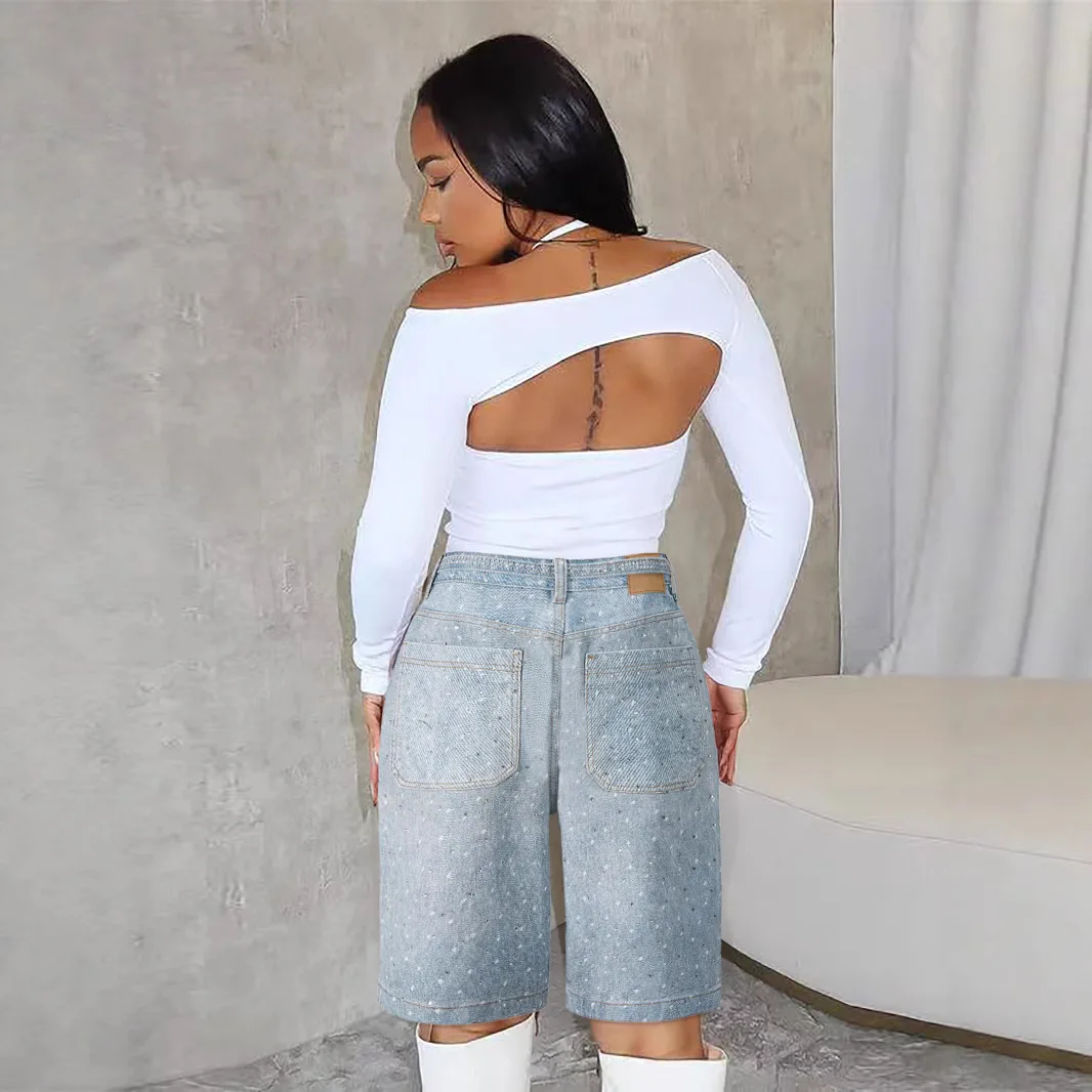 2025 Spring/Summer New Women's Loose Cowboy 5-point Pants with Full Hot Stamping Diamond and Additional Belt