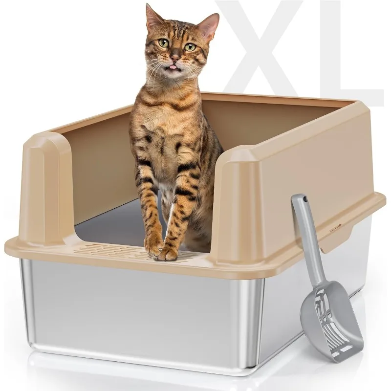 Enclosed Stainless Steel Cat Litter Box with Lid, Odorless XL Metal Litter Box for Big Cats, Extra Large Kitty Litter Box