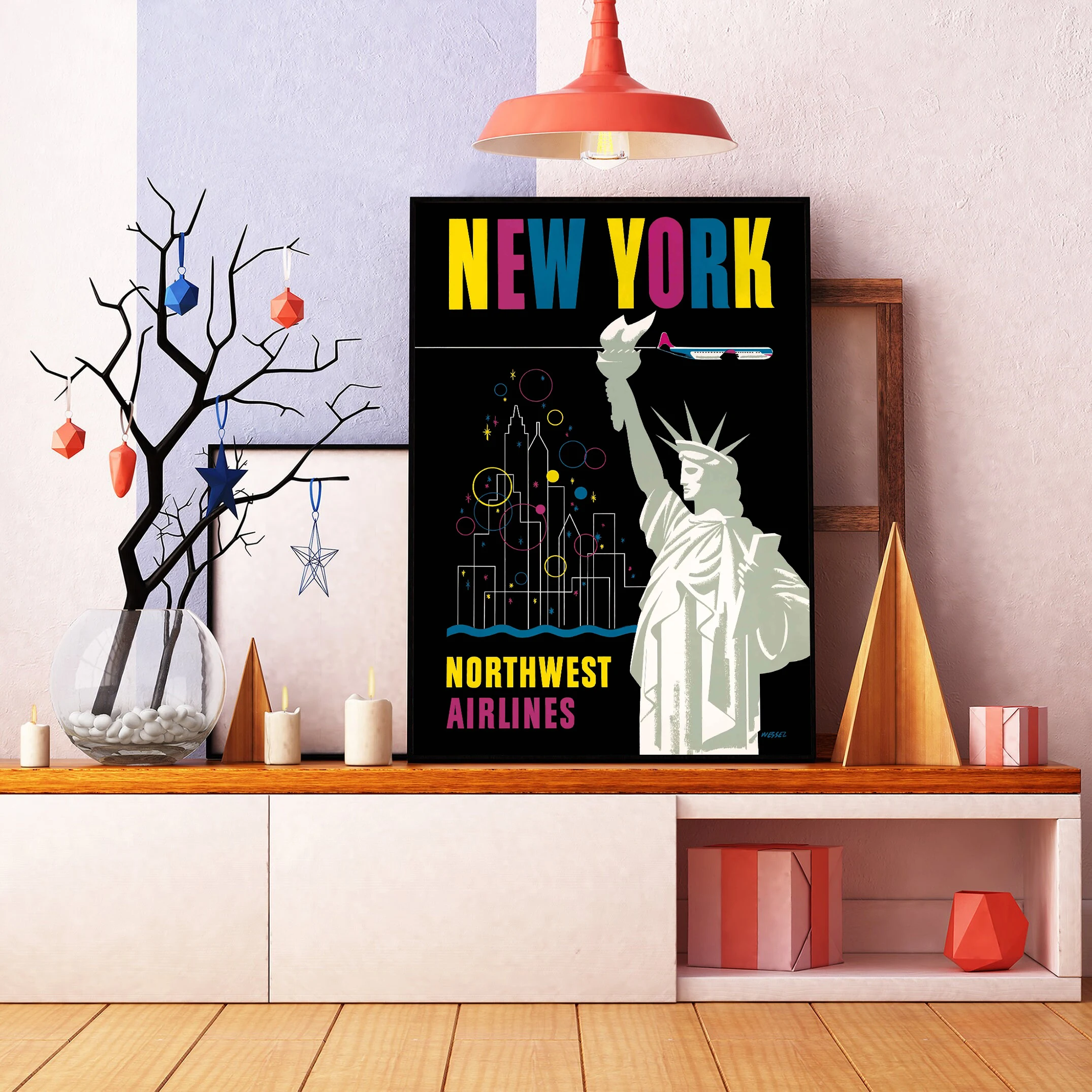 

New York City 1950's Poster Canvas Print Vintage Statue of Liberty USA Travel Aviation Advertisement Modern Wall Art Home Decor