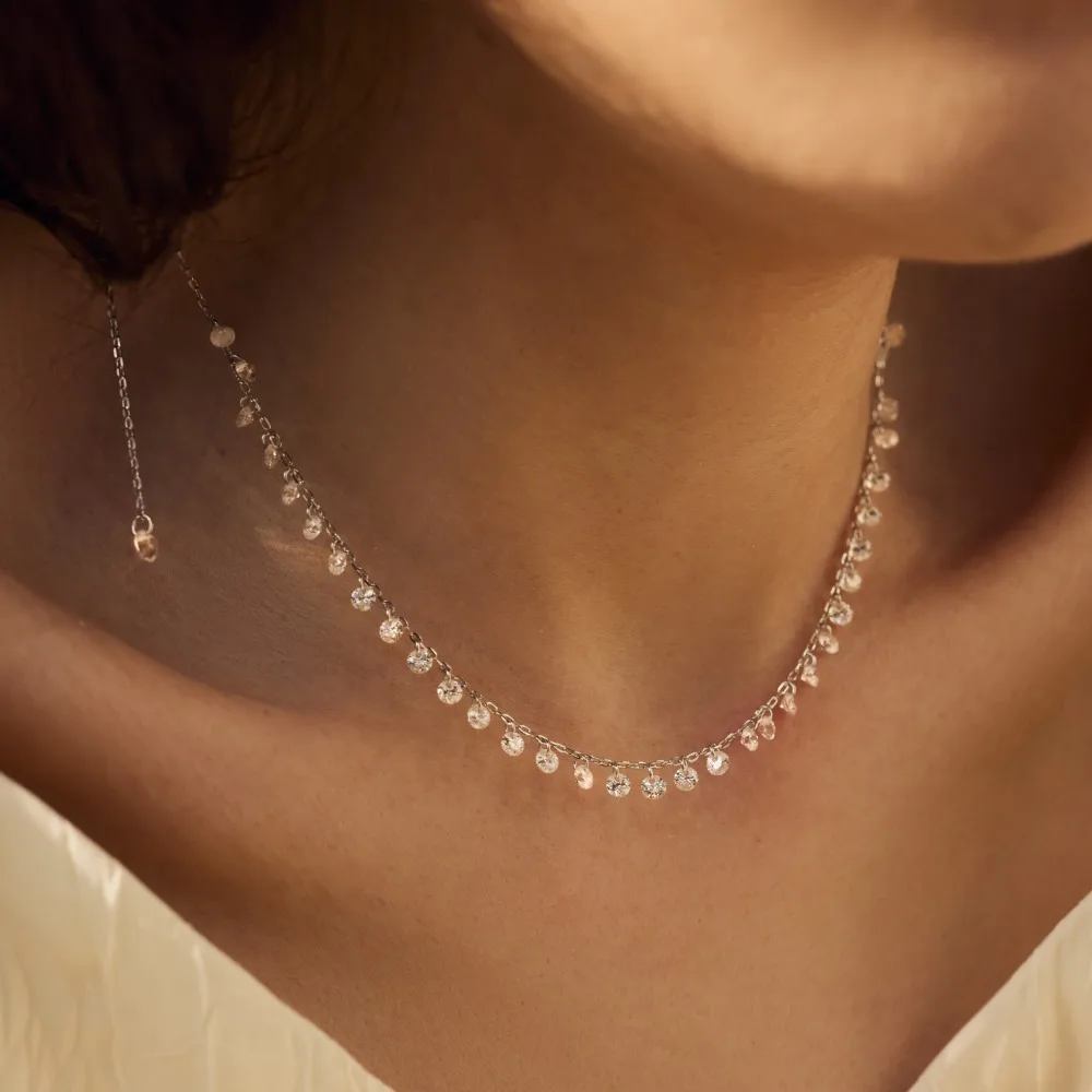 

CCFJOYAS High Quality 925 Sterling Silver Single row of Round Zircons Necklace for Women Super fairy stackable Clavicle Chain