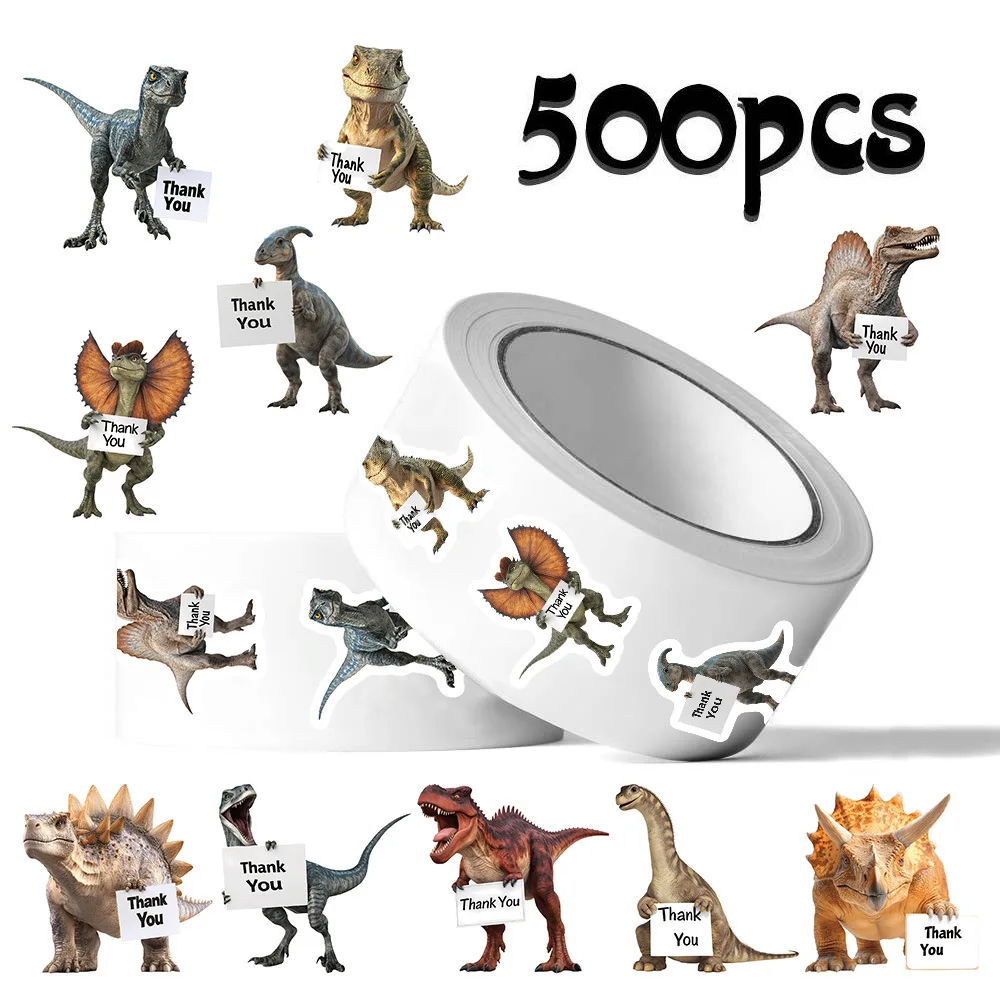 500 Stück/Rolle Dinosaurier mit Schilder, Siegelaufkleber, Dankeschön-Aufkleber, Cartoon-Rollenaufkleber, DIY, für Gepäck, Telefon, Gitarre, Scrapbook, Kinderspielzeug