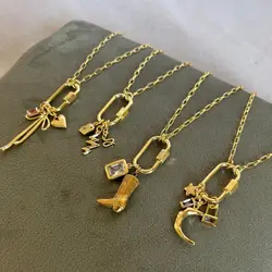 Stainless Steel Rectangular Buckle Necklace for Women Classic Lucky Zircon Starfish Shell Western Boots Moon Pendant DIY Jewelry