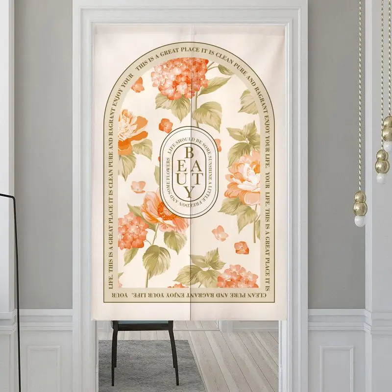 VIKAMA French Retro Floral Noren Curtain Arch Frame Flower Print Privacy Room Divider for Home Bedroom Kitchen Door Decor