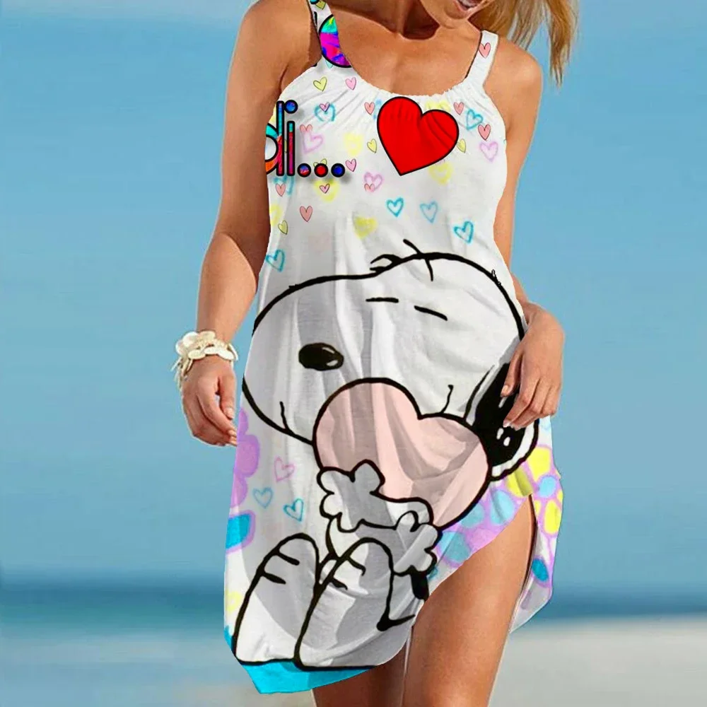 Estate 2024 Snoopy stampato abito da spiaggia bianco moda abito bohémien estate 2024 abito elegante con cinturino da donna