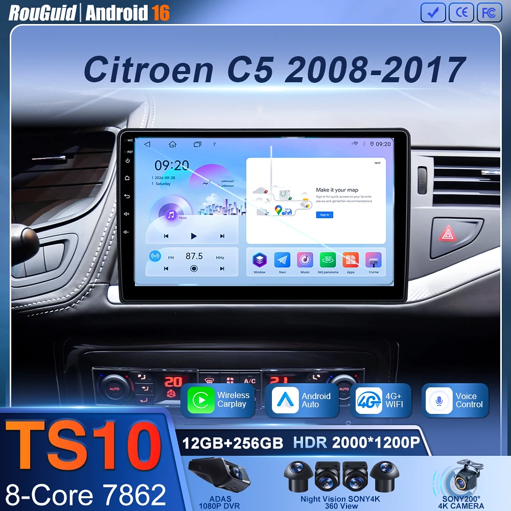 Android 16 Carplay Car Radio Multimedia For Citroen C5 2008 2009 2010 -2017 navigation video DVD Autoradio Stereo 2din Head Unit