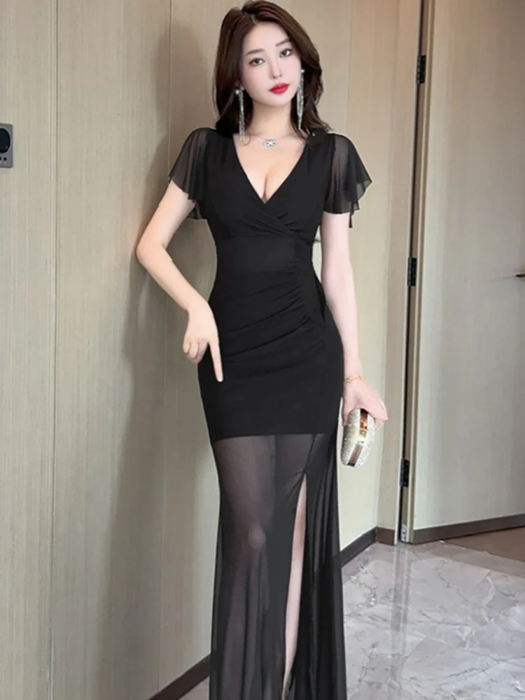 Vestido largo transparente de malla negra de verano para mujer, vestido Sexy de manga corta con cuello en V para discoteca, vestido de noche coreano Vintage Hepburn 2025