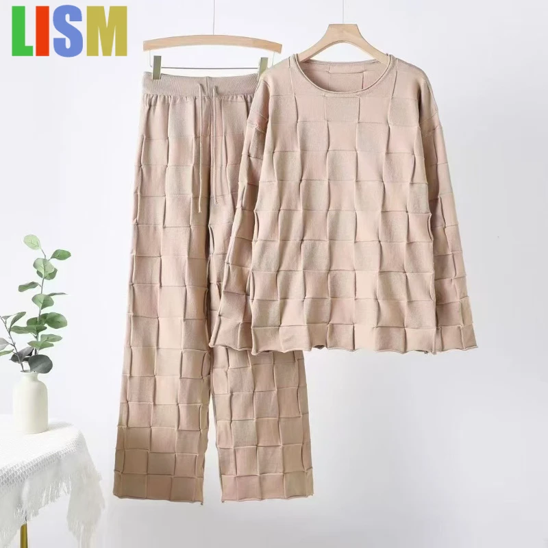 

LISM Women's tracksuit winter outfit retro suit square knitted sweater long sleeved drawstring wide leg pants two-piece set