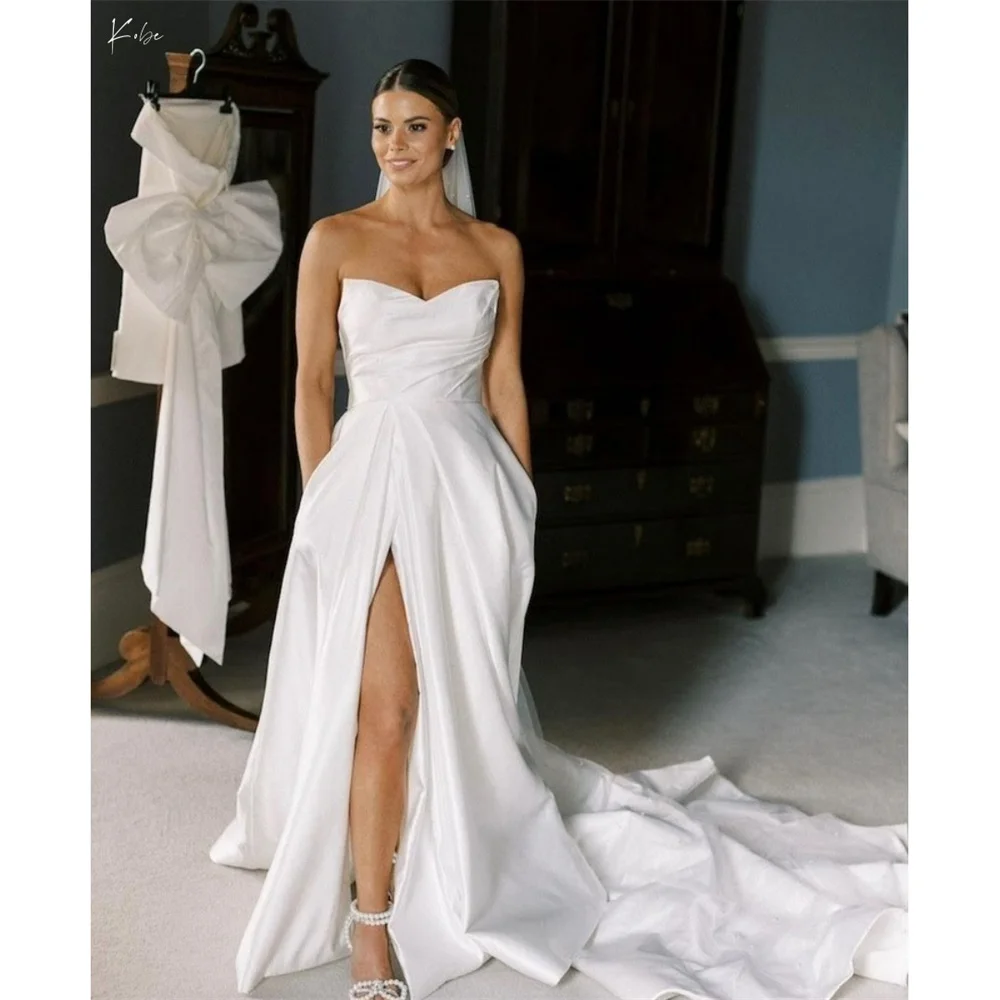 

Kobe White Side High Slit Long Trailing Pleats Wedding Dress Strapless vestidos de noche Sleeveless Formal Evening Customized