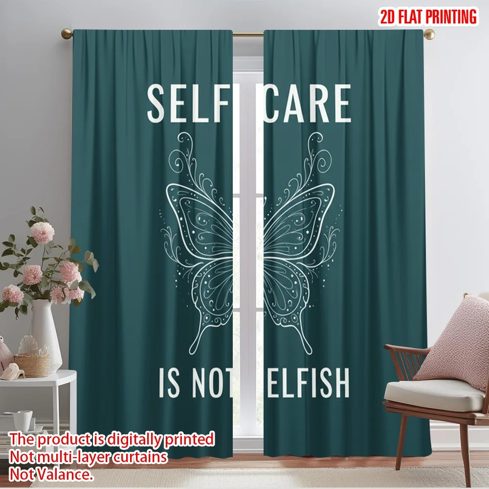 

2pcs 2D flat printing Window Treatment Curtains Butterfly Self Care Not Selfish Polyester Fabric Without Electricity Seasonal