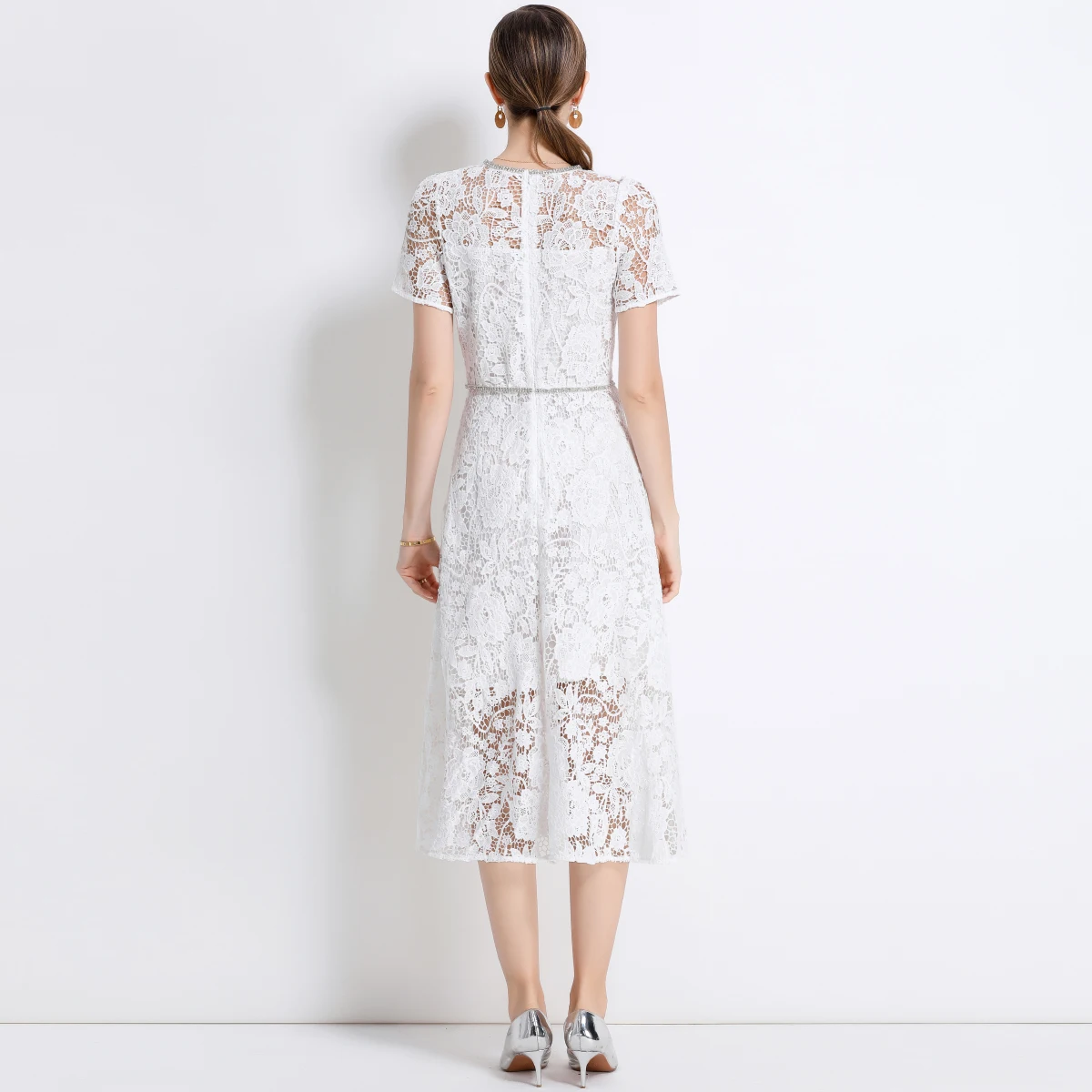 Moda verão manga curta vestidos de renda para mulheres magro o-pescoço vestido feminino oco para fora vestido feminino vestidos de verano mujer q383