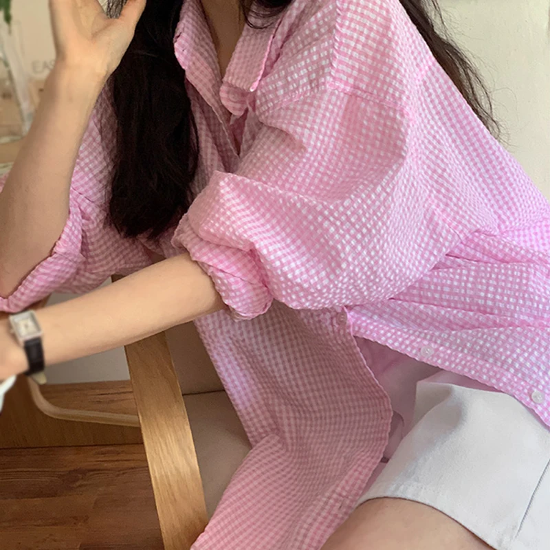 Sunscreen Long Sleeves Shirt Summer Women\'s Loose Shirt Lazy Style Loose Casual Single Breasted Turndown Collar Plaid Blouses