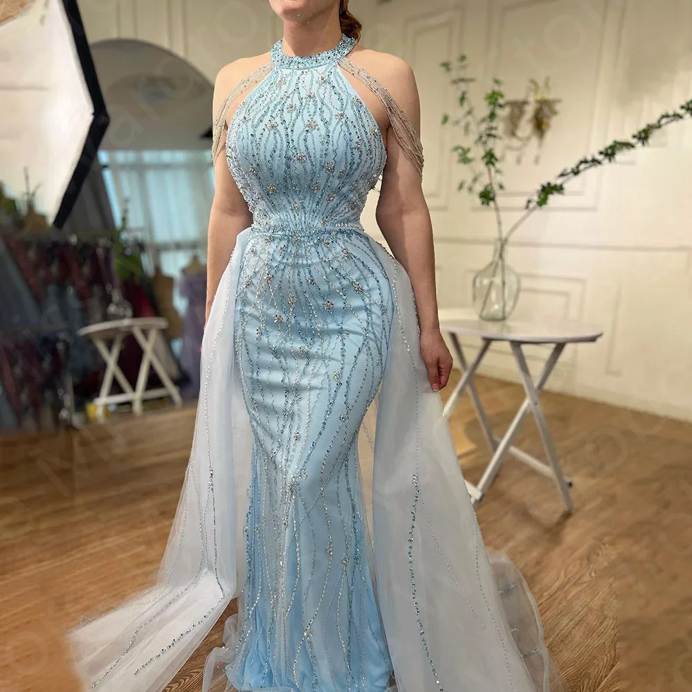 Sparkling Baby Blue Evening Dresses 2024 Mermaid Prom Party Gowns Beading Halter Neck Wedding Guest Gowns Sleeveless Sequined