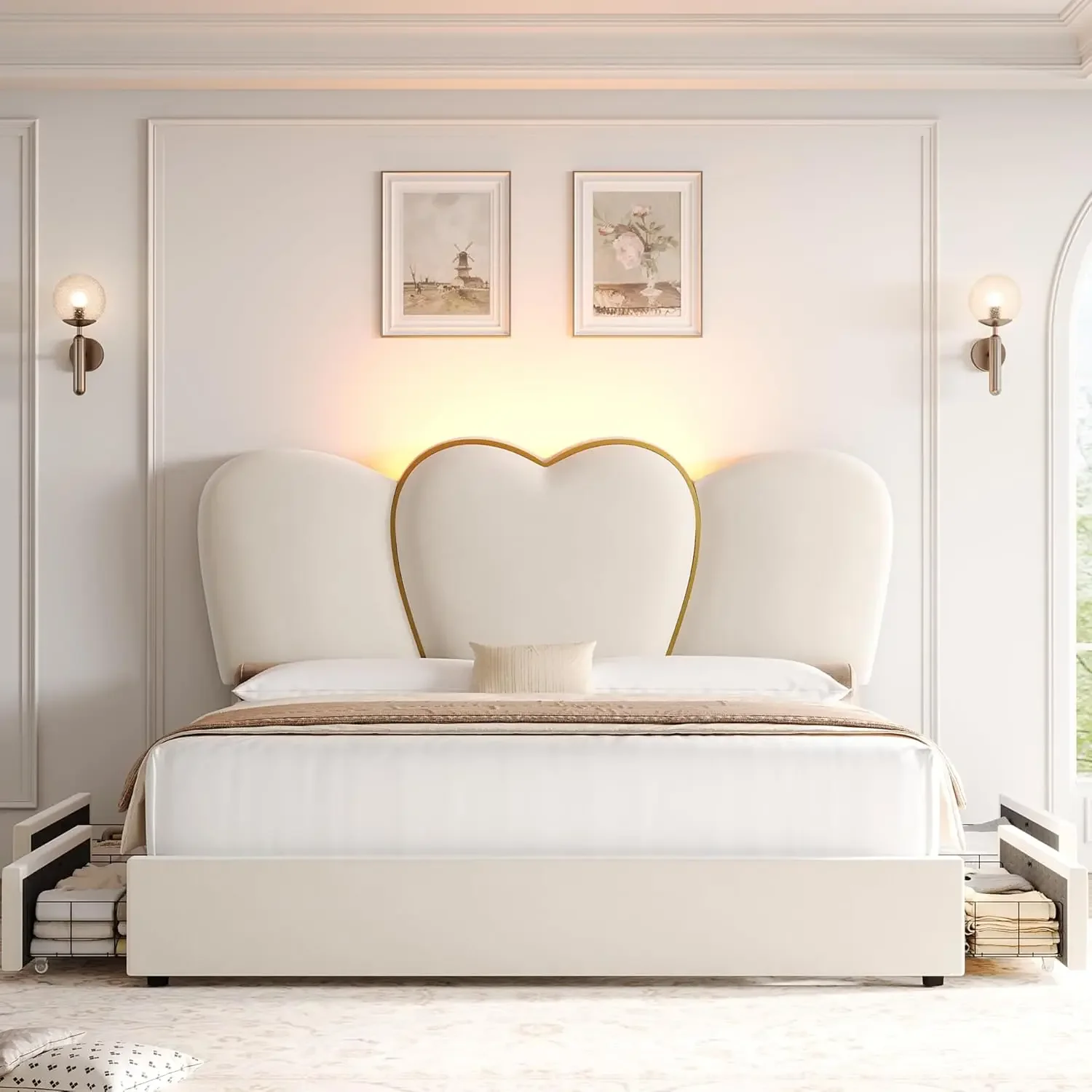 

King LED Bed Frame with 4 Storage Drawers, Modern Velvet Upholstered Platform Bed with 55" Tall Heart Shaped Headboard