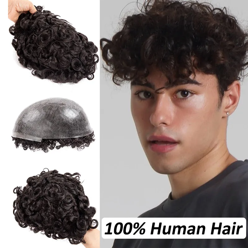 

25mm Curly Hairpiece Male Hair Men Capillary Prosthesis Men Toupee Injection PU Wigs For Men 100% Human Hair Systems Men Wig