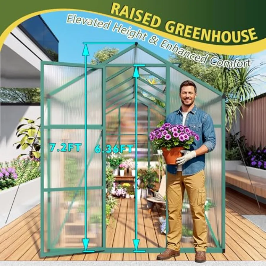 Feet Extra-Height Version Polycarbonate Greenhouse, Walk-in Outdoor Greenhouse with Aluminum Frame for Backyard, Green