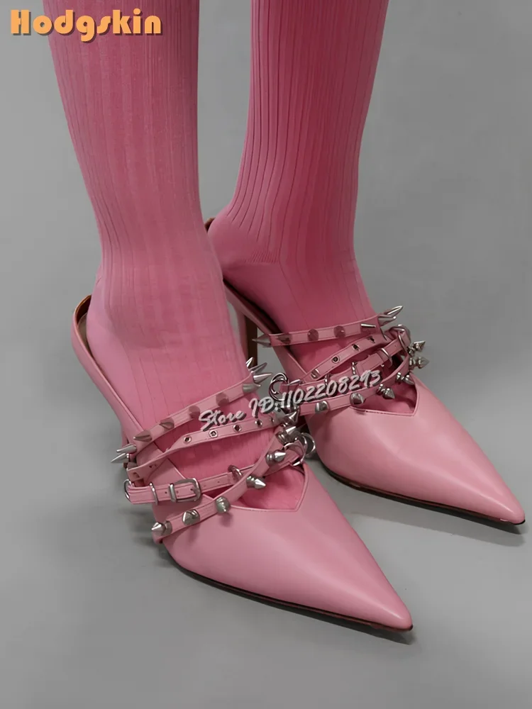 

Sweet Spiked Stiletto Pumps Pink Pointed Toe Shallow High Heels Rivet Buckle Straps Fashion Elegant Shoes 2025 Summer Women