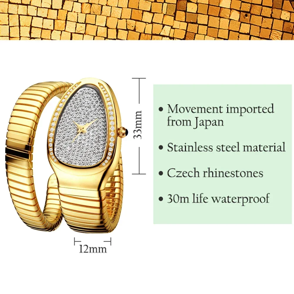 New Snake Head Luxury Womens Watches Full Diamond Dial Bezel Fexible Bracelet Quartz Movt Watch for Women Gold Reloj Para Mujer