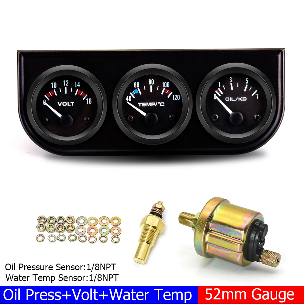 

2" 52MM Triple Gauge 3 In 1 Water Temp Gauge Oil Pressure Gauge Oil Temperature Gauge with Sensor 1/8 NPT Voltage for Racing Car