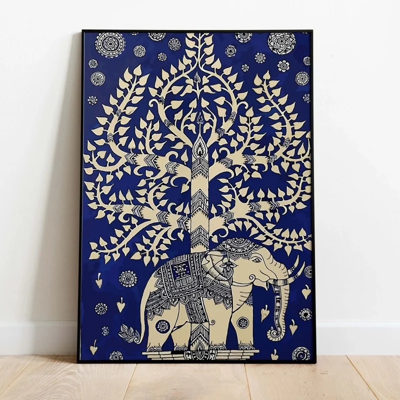 1pc frameless Canvas Painting Blue Elephant Kalamkari Painting, Vintage Indian Folk Art Home Decor Frameless Canvas Art Wall Dec