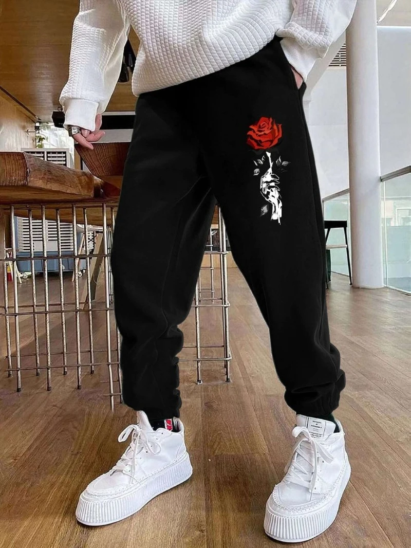 

2025 Autumn and Winter Mens Casual Gray Joggers Red Rose Print Lightweight High-end Luxury Is for Both Men and Women Gym
