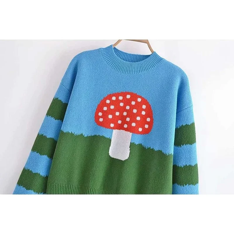 Cartoon Mushroom Knitted Sweater 2021 New Fashion Women Preppy Style O-Neck Long Sleeve Pullovers Spring Autumn Casual Jumpers