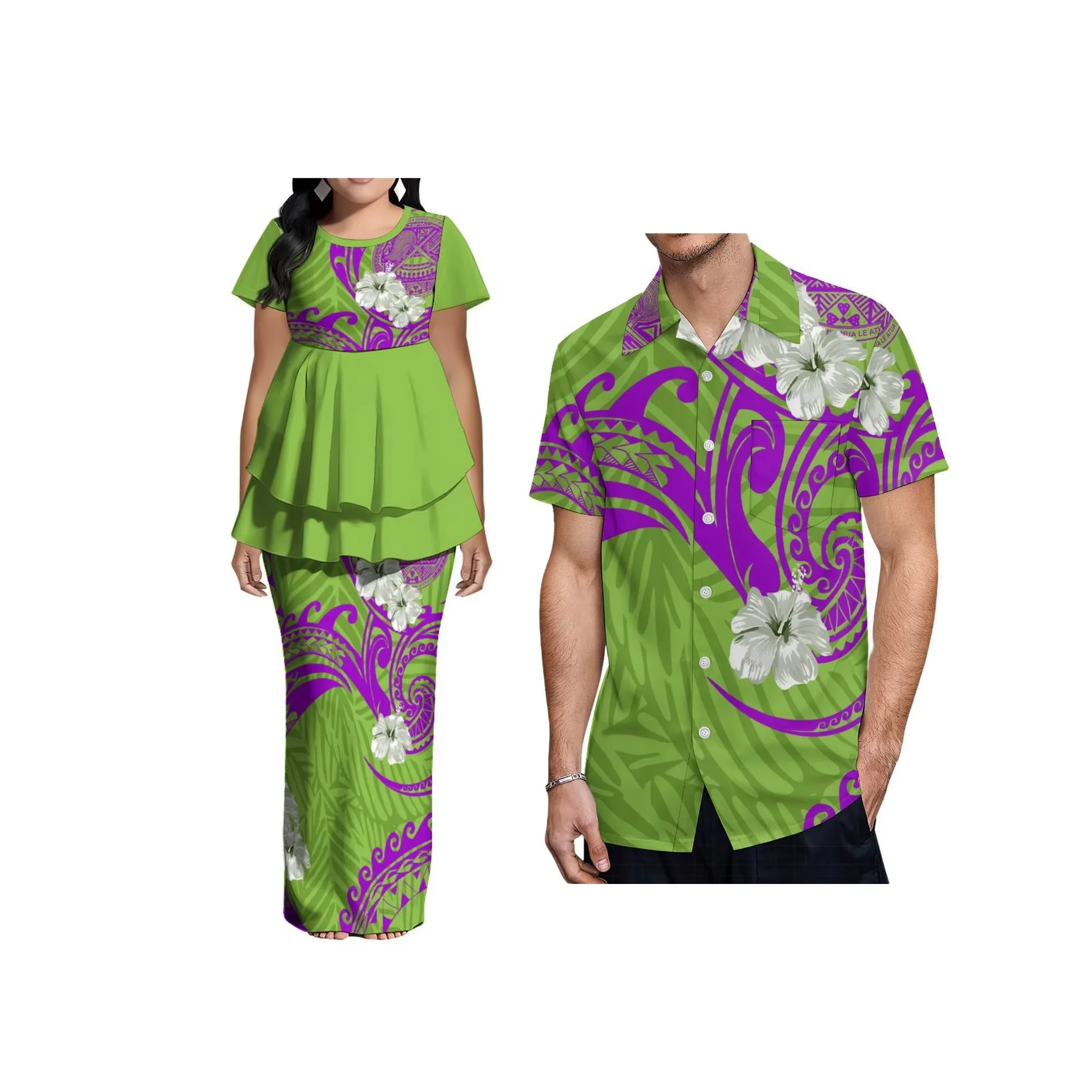 

Wholesale Custom Women's Round Neck Dress Samoan Puletasi Short Sleeve Hawaii Frill Dress New Zealand Dress 2 Piece