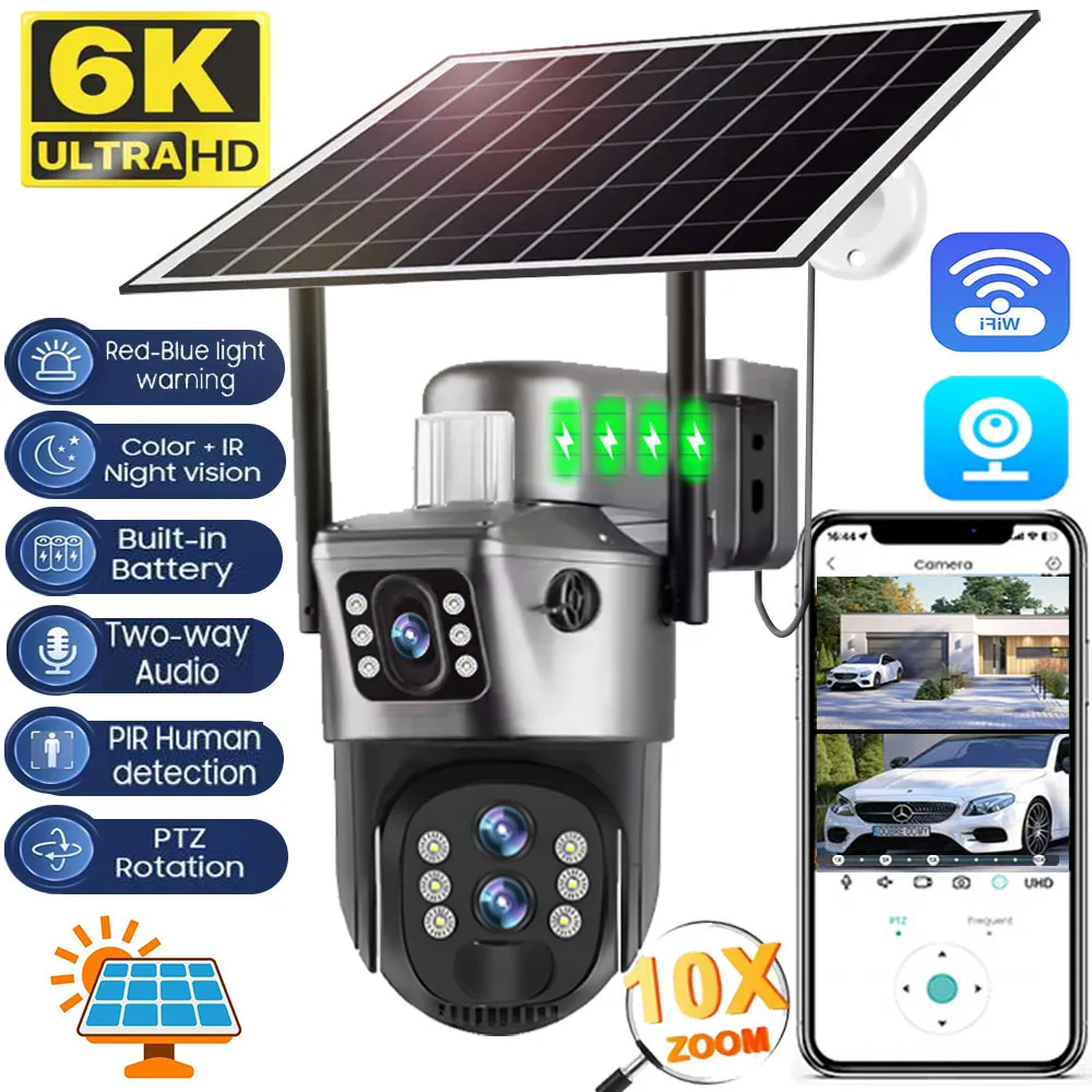 Outdoor Solar Wifi IP Camera 10X Zoom Three lens HD Wireless Cameras Built-in Battery PIR Human Detection Video Surveillance Cam