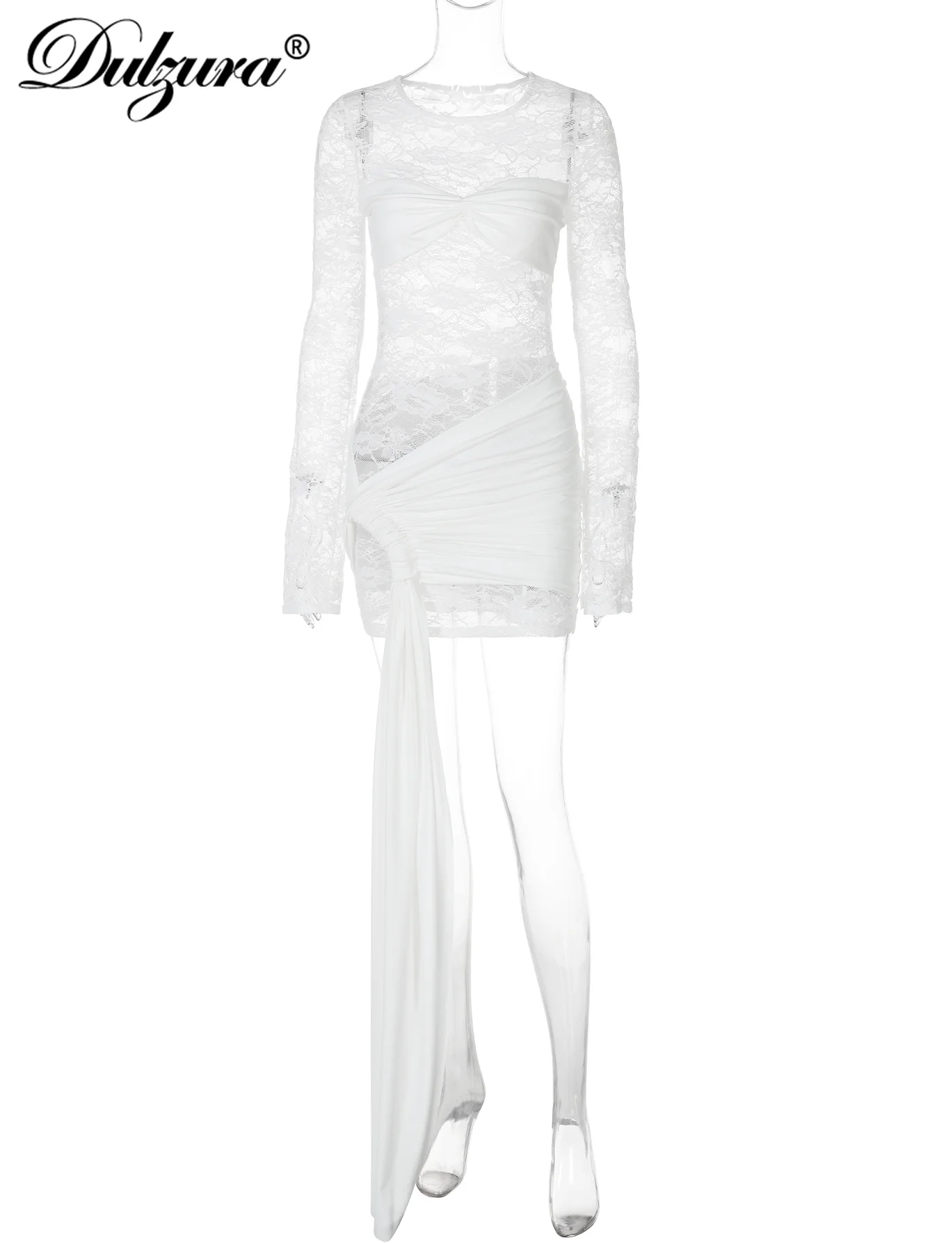 Dulzura س الرقبة طويلة الأكمام Bodycon Ruched الدانتيل يصل انظر على الرغم من الدانتيل فستان قصير الصلبة مثير فستان كاجوال نادي الحفلات الزي الصيفي