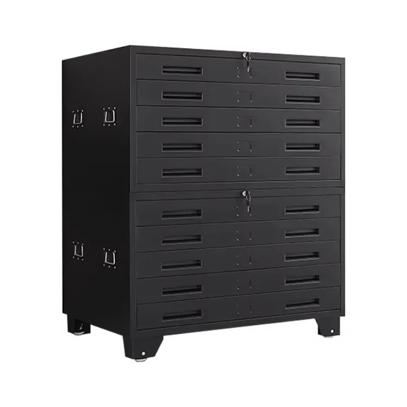 10 Drawer Black Horizontal Steel Flat File Cabinet for Map Drawing and Blueprint Storage Low Base - Hotel
