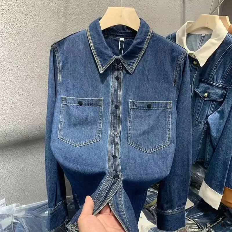 2023 Korean Vintage Turn-down Collar Denim Shirt Women\'s Clothing Fashion Casual Long Sleeve Button Spliced Blouse for Female