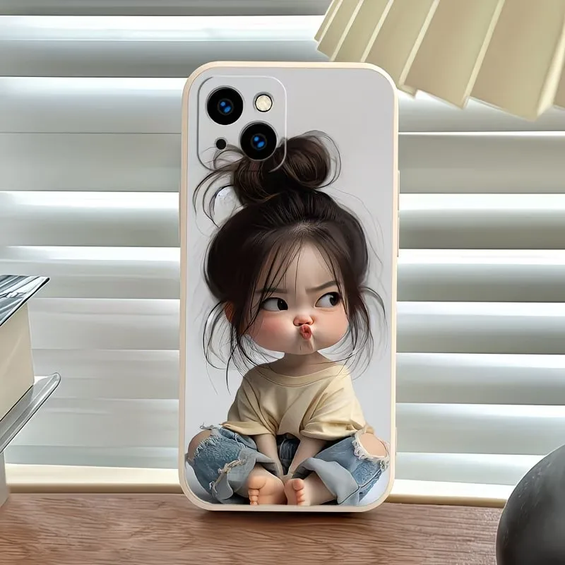

Cute Cartoon Bun Hair Girl Phone Case For iPhone 17 16 15 14 13 12 11 Pro XS Max X XR 6 7 8 Plus Mini Air 16e 17e Silicone Cover
