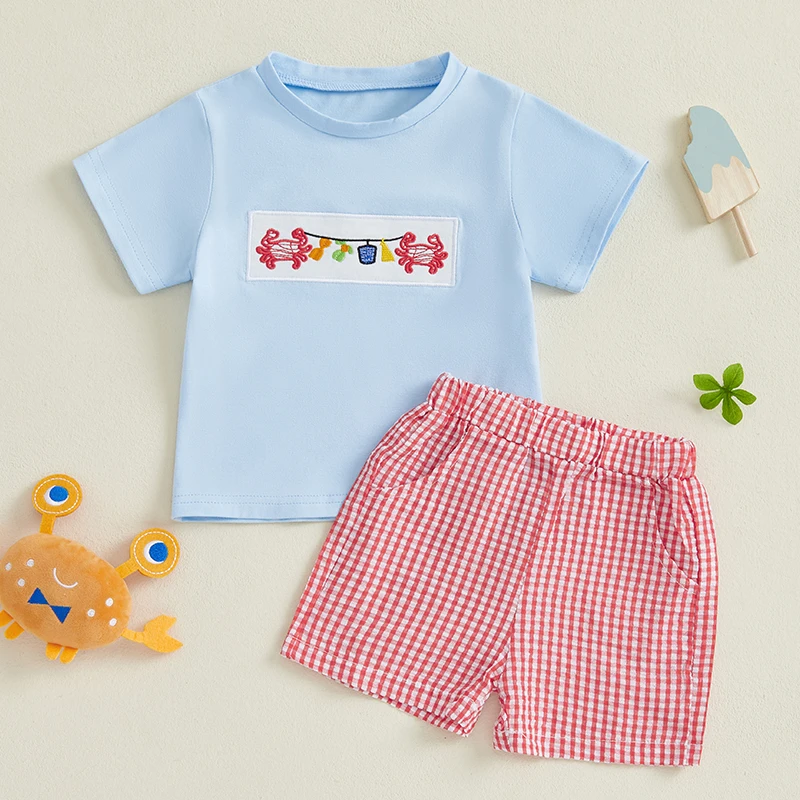 Летняя одежда для маленьких мальчиков, футболки с вышивкой краба и круглым вырезом, клетчатые шорты с эластичной резинкой на талии, комплект одежды из 2 предметов