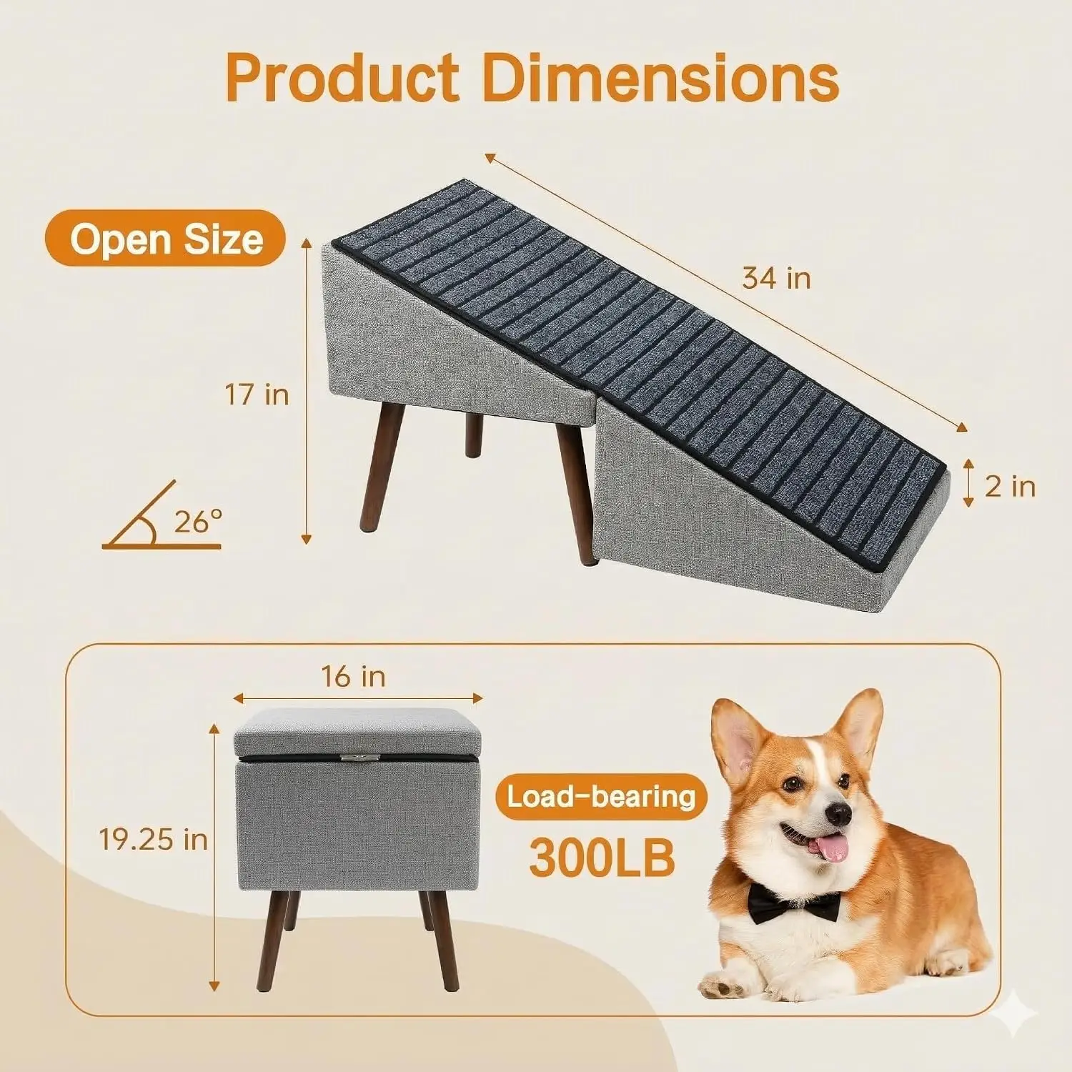 2-in-1 Dog Ramp and Stairs for Bed and Couch, 17 Inch High,Foldable Ottoman Ramp with Non-Slip Replaceable Carpet, Joint Relief