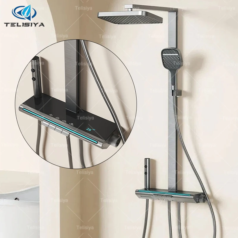 Gray Intelligent Square Tube Shower System Set Multifunctional Digital Display Piano Keys Household Temperature Shower Set