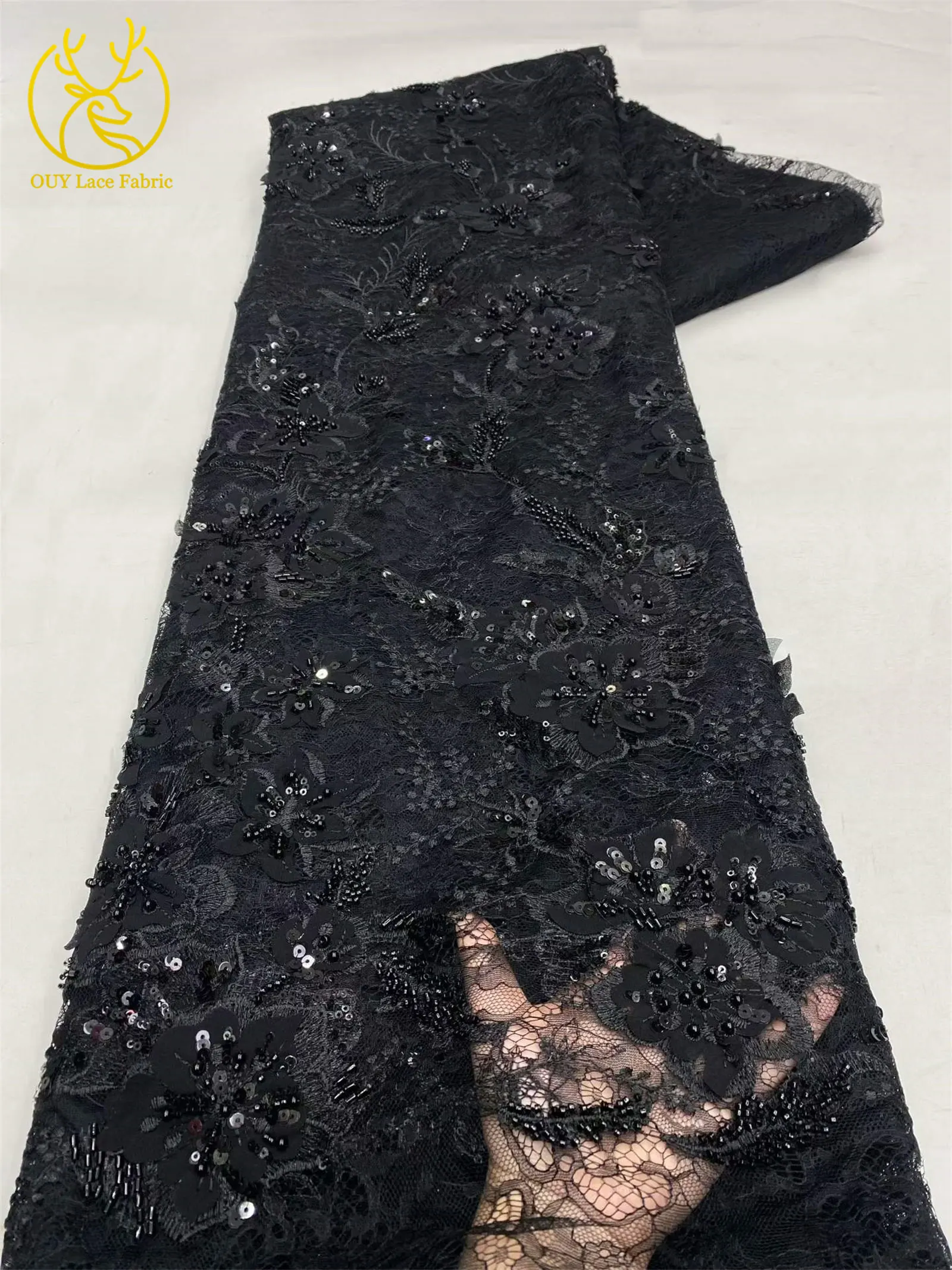 Neuer Stil Afrikanischer 3D-Stickerei-Perlen-Blumen-Spitzenstoff 2026 Französischer Pailletten-Spitzenstoff zum Nähen von Brautkleidern und Partykleidern – Detail 14