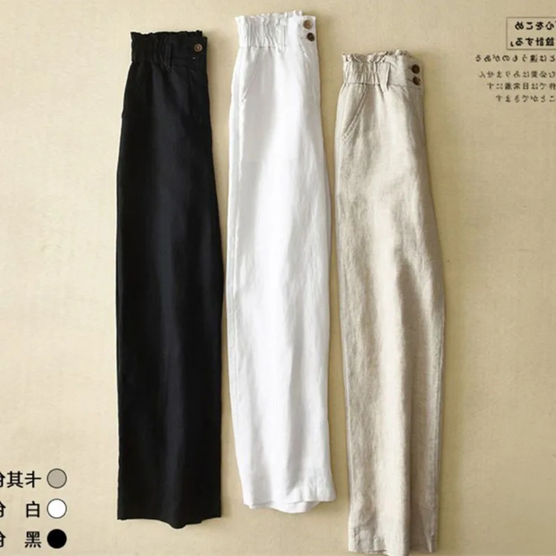 

Summer Thin High Waisted Flax Wide Leg Pants Female Solid Color Flower Bud Waist Straight Leg Trousers Lady Cotton Linen Pant