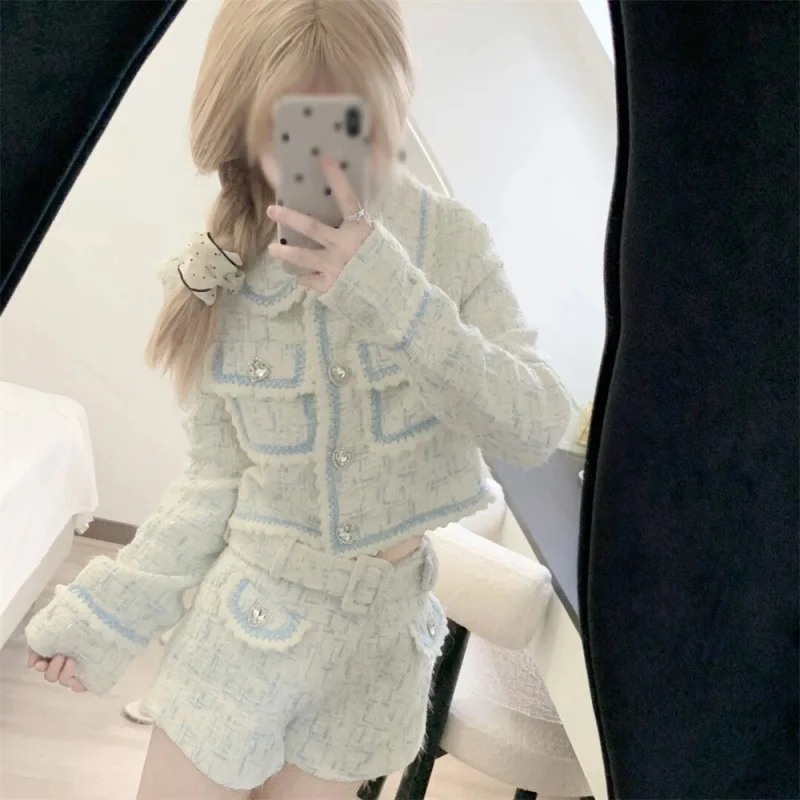 

French Style Rich Lady-Style Coat Spring Winter New Color-Block Tweed High-Waist Shorts Two-Piece Set Women