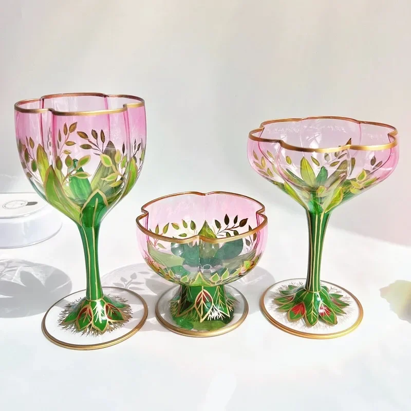 Vintage Hand Painted Crystal Champagne Wine Glasses Red Wine Ice Pink Cream Bowl Flower Goblet Austrian Style Drinkware