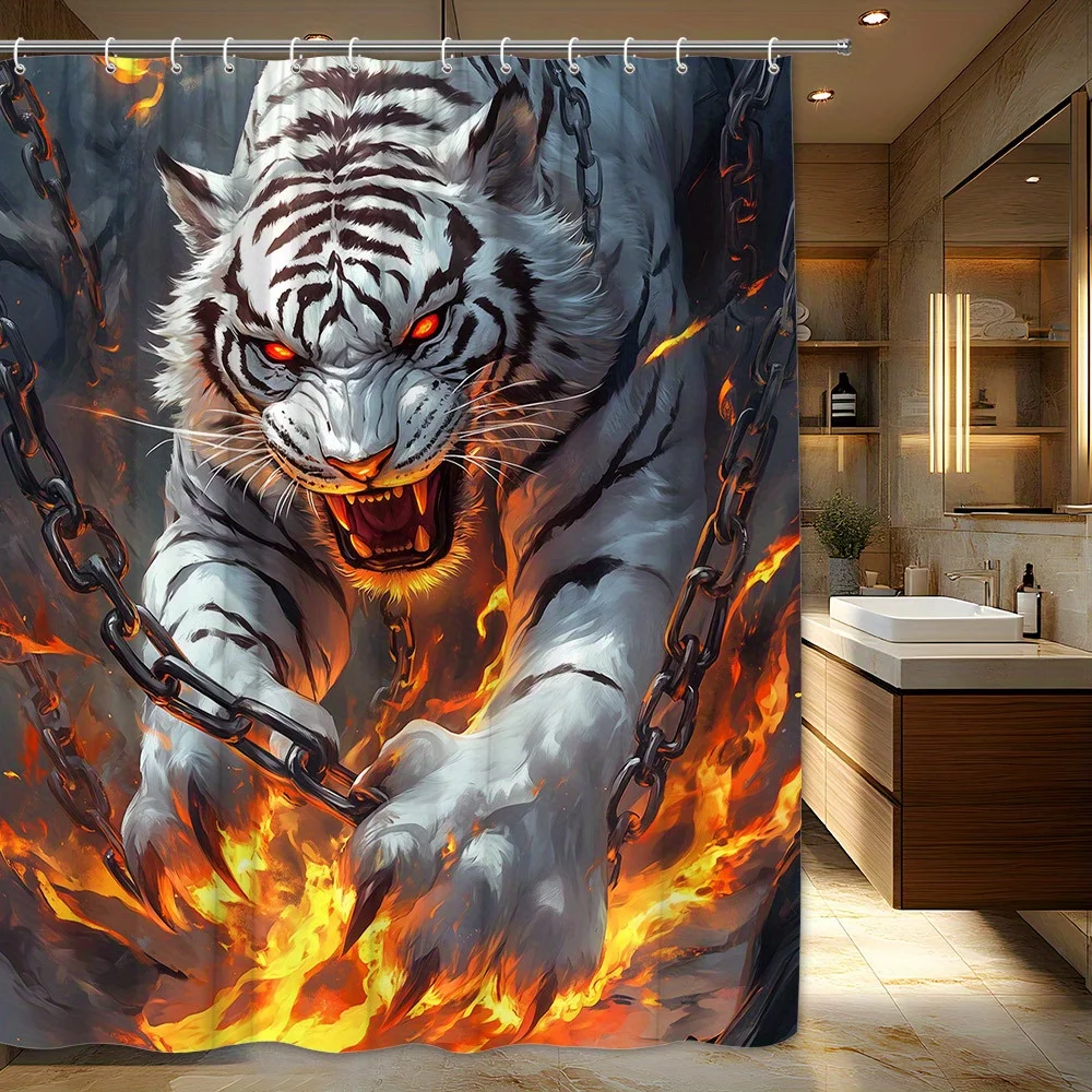 Dramatic White Tiger Roaring Flames Chains Shower Curtain Waterproof Bathroom Decor Luxury Jungle Wildlife Shower Curtain Liner