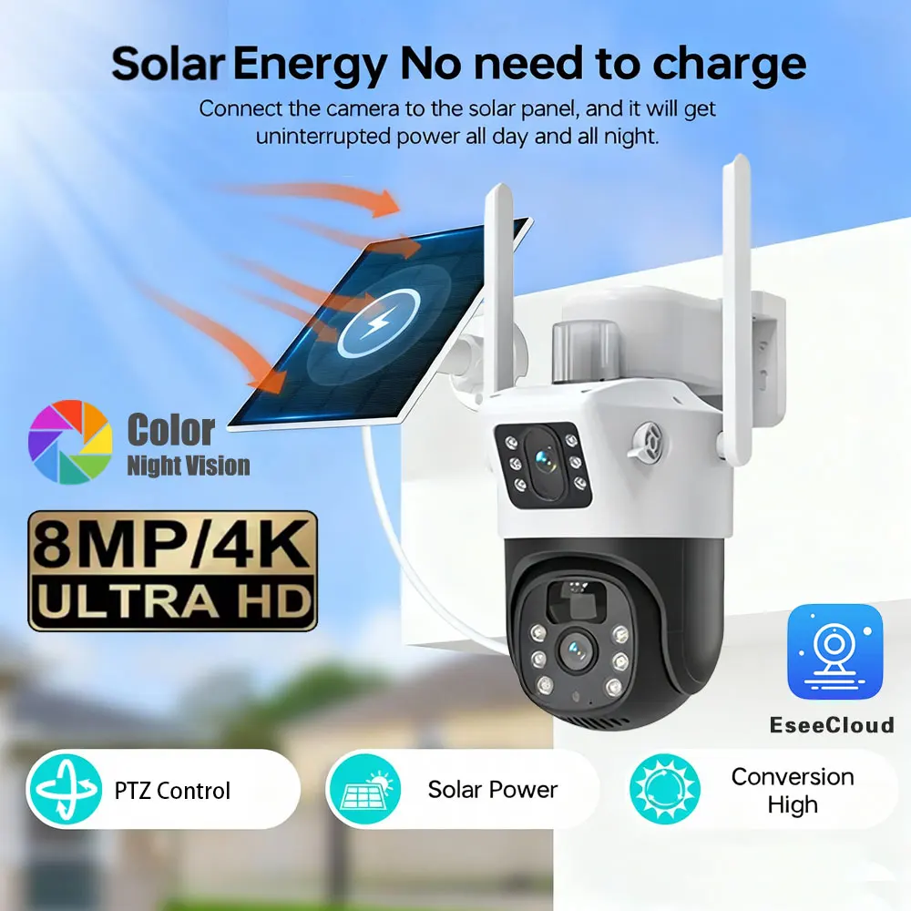 8MP 4K WiFi Solar Camera Dual Lenses Outdoor Low Power Battery IP Camera Full Night Vision Motion Detection Security Camera