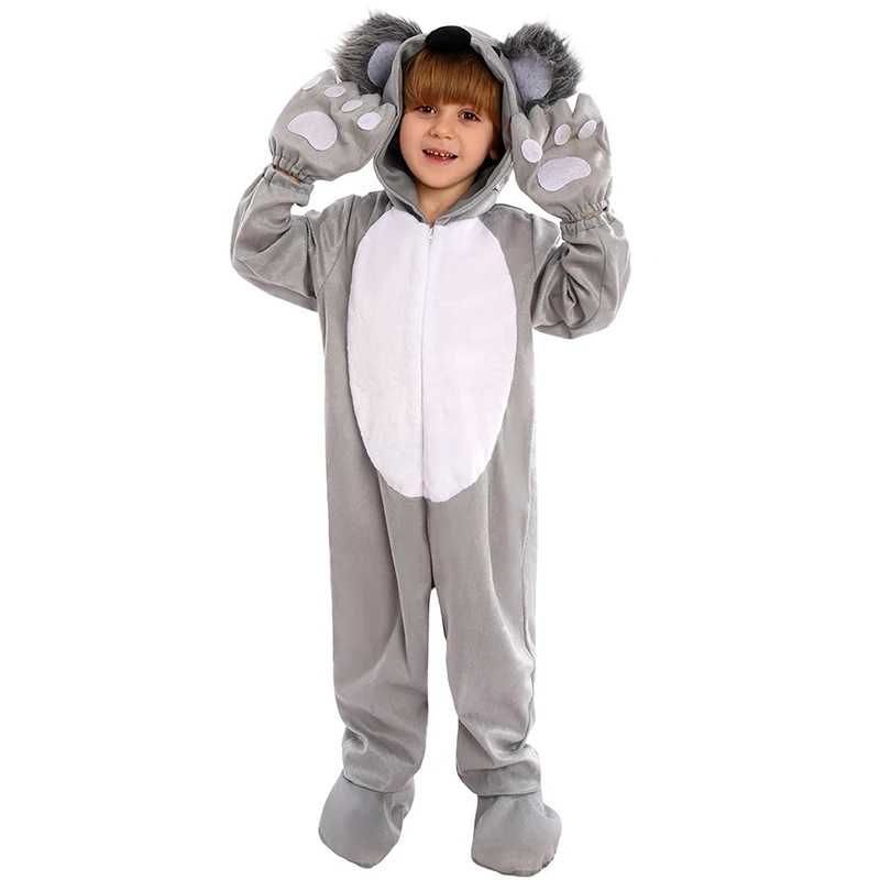 Costume d'Halloween à Capuche pour Enfant, Koala, Ours, Combinaison Animal Grise, Cosplay