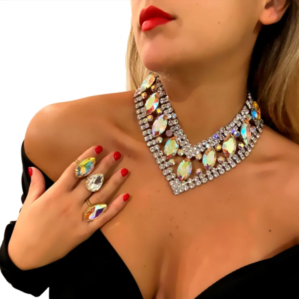 AB Color Rhinestone V Shape Necklace Choker for Women Summer Accessories Statement Crystal Necklace Luxury Jewelry Drag Queen