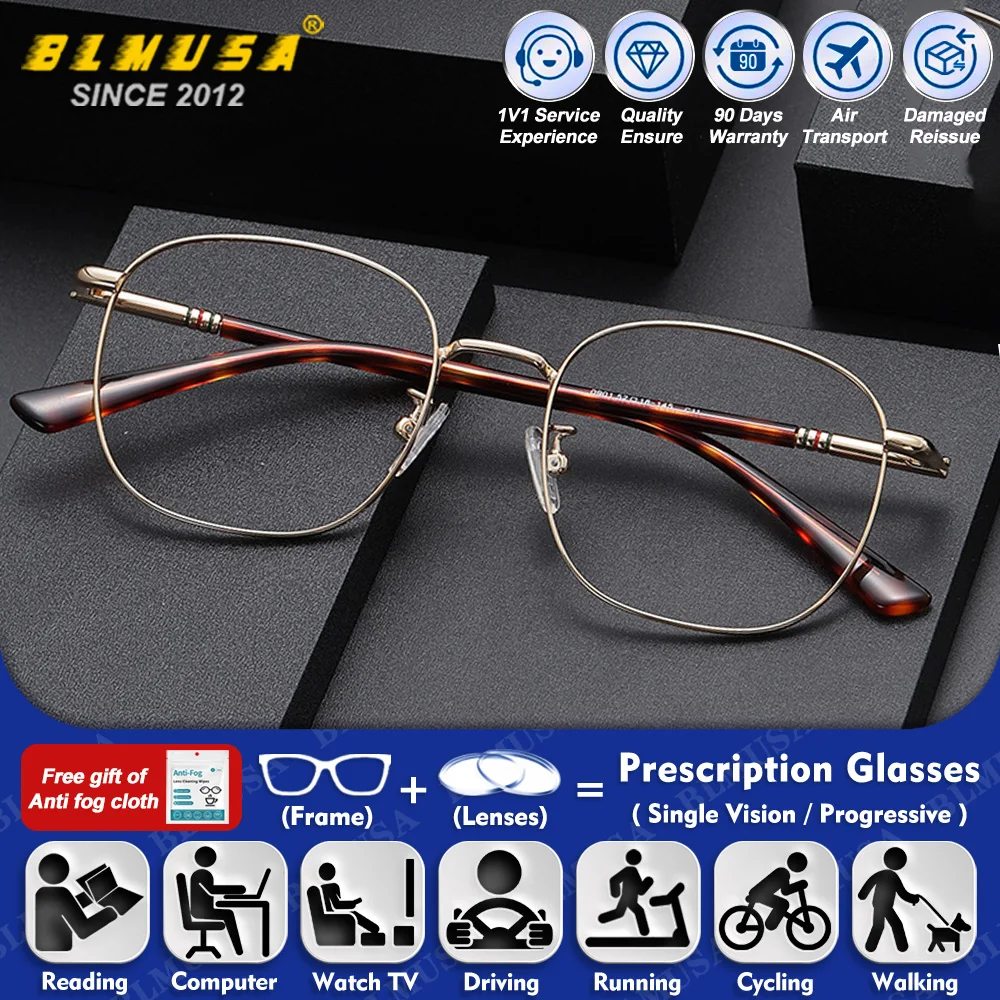 

BLMUSA (M) Fashionable Alloy Round Myopia Prescription Glasses Women High Quality Anti Blue Ray Photochromic Progressive Eyeware