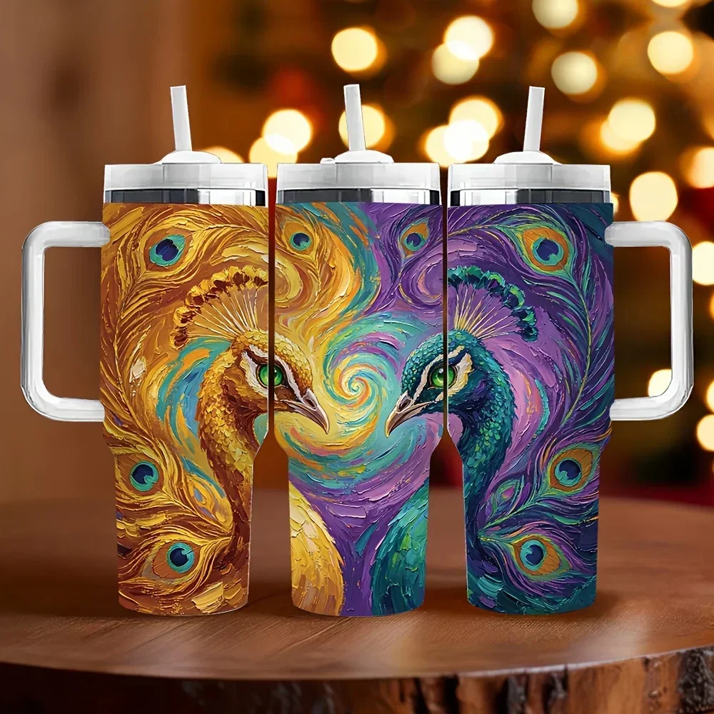 40oz Insulated Tumbler with Handle, Artistic Spiral Peacock Print, Perfect As Holiday And Birthday Gift, Suitable for All People Who Love Peacock Art, for Daily Use, Outdoor Travel And Indoor Office Scenarios