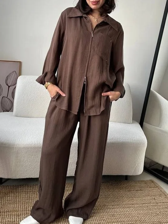 

Fashion Commuter 2 Piece Set Loose Solid Color Lapel Pocket Zipper Top Elastic Waist Wide Leg Pants Set Autumn New Set For Women