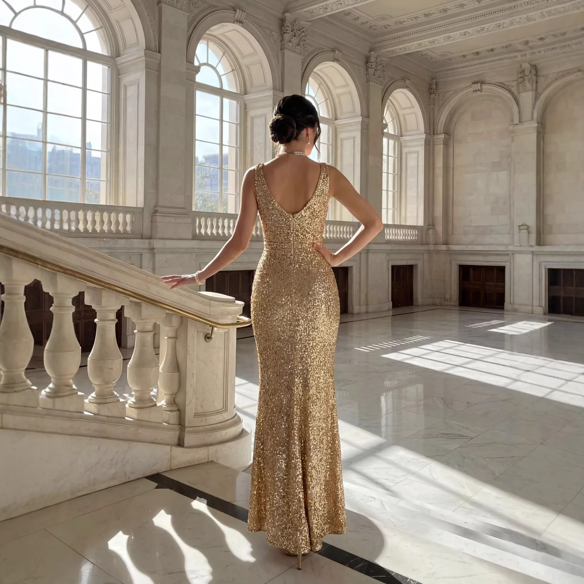 Sexy Deep V Backless Sequin Evening Dress Gold Sparkly Bodycon Spring Summer Dresses