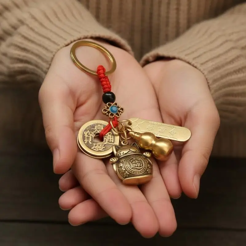 Feng Shui Lucky Cat Pendant Keychain with Five Emperors Money Red String for Good Fortune Birthday Gift for Friends